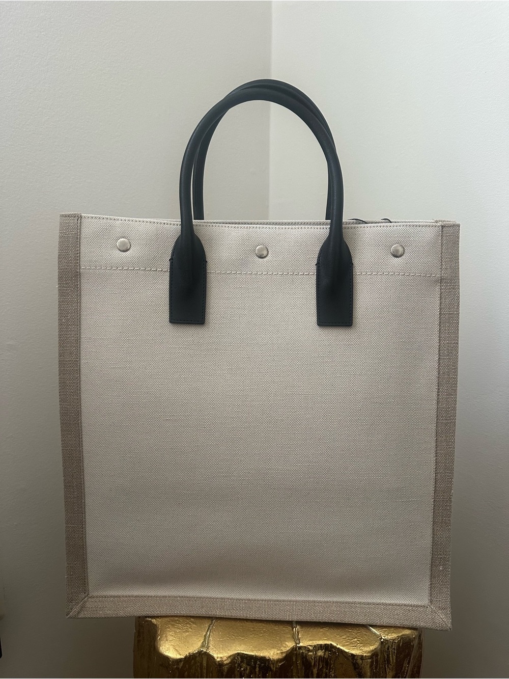Saint Laurent Beige Canvas 'Rive Gauche' Tote with Black Handles - Picture 4 of 8